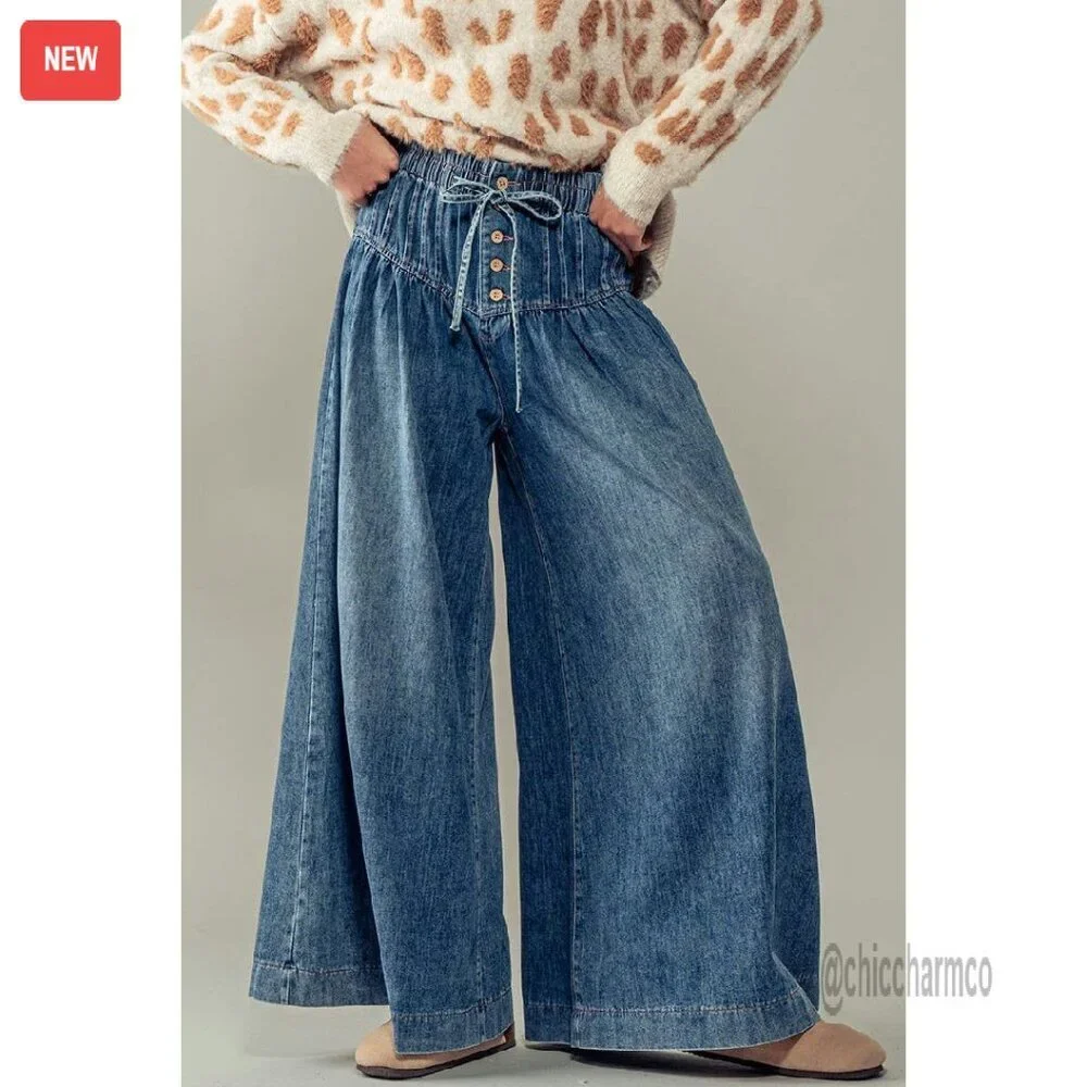 Women's Baggy Wide Leg Denim Pants Drawstring Midi Waisted Flare Jeans - Picture 8 of 8